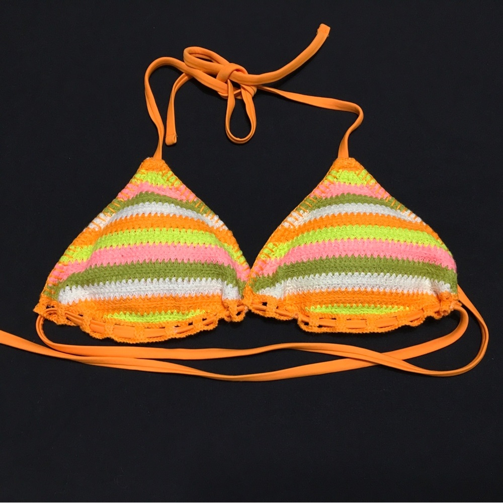 Wild Fable Womens S 4-6 Orange Stripe Crochet Removable Pad Tie Back Bikini Top